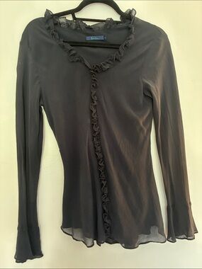 Boden Black Ruffle-Trim 100% Silk Sheer Long Flitter Sleeve Tee y2k